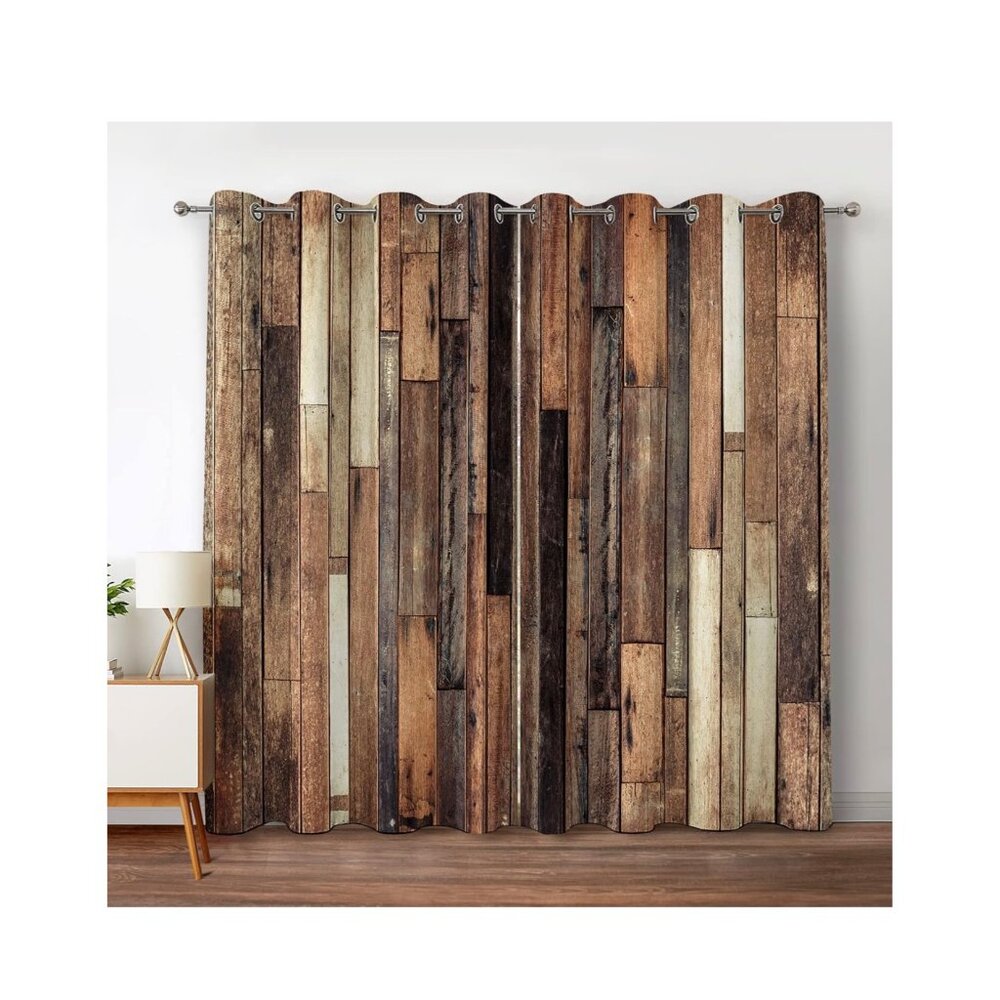 Rustic Wood Print Pair Window Curtains 42x84 Inch Metal Grommets Room Darkening